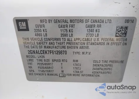 2015 Chevrolet Equinox 2Lt from USA, damaged, VIN 2GNALCEK7F6129870